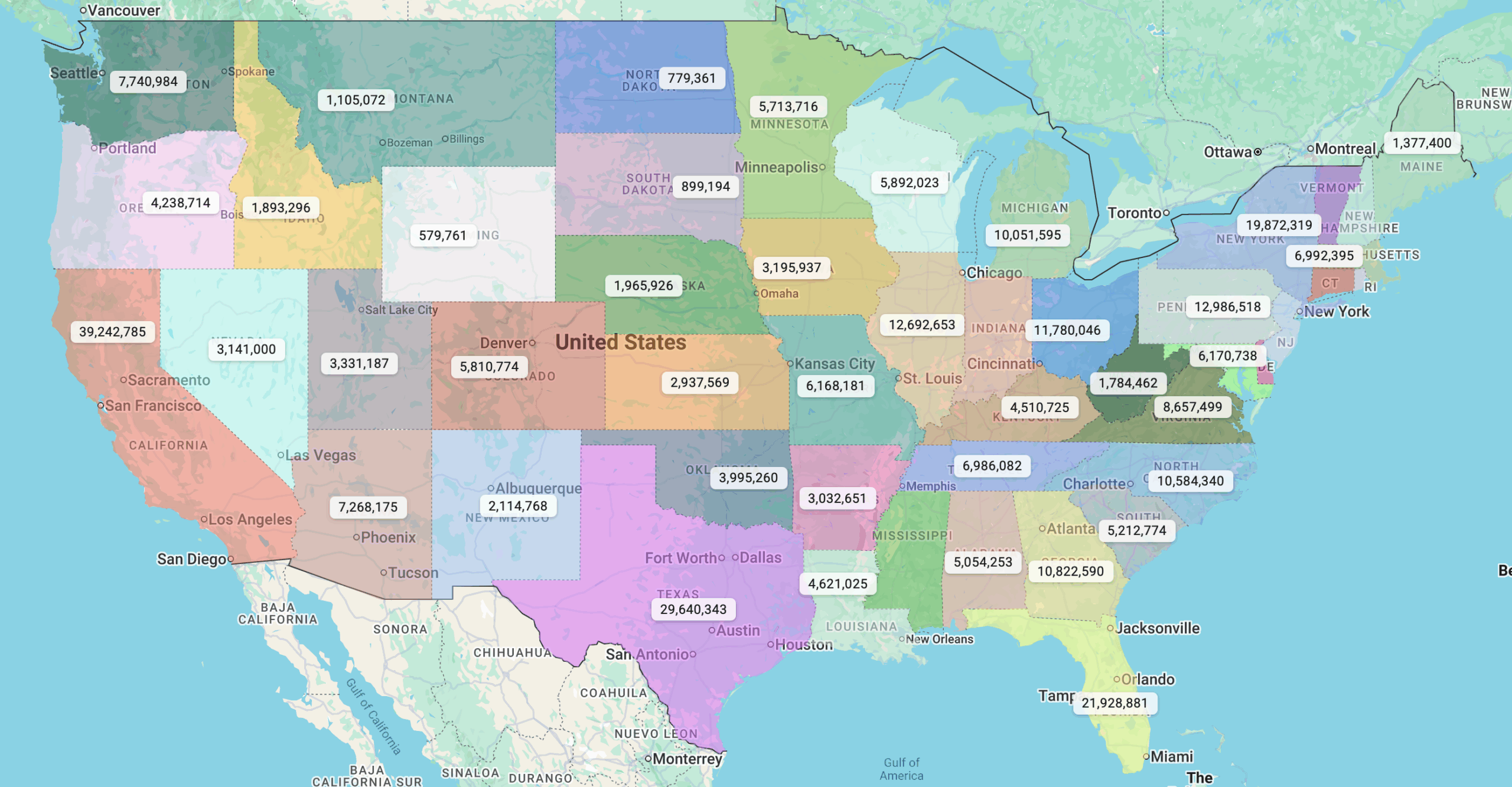 Regions Map of US States Population
