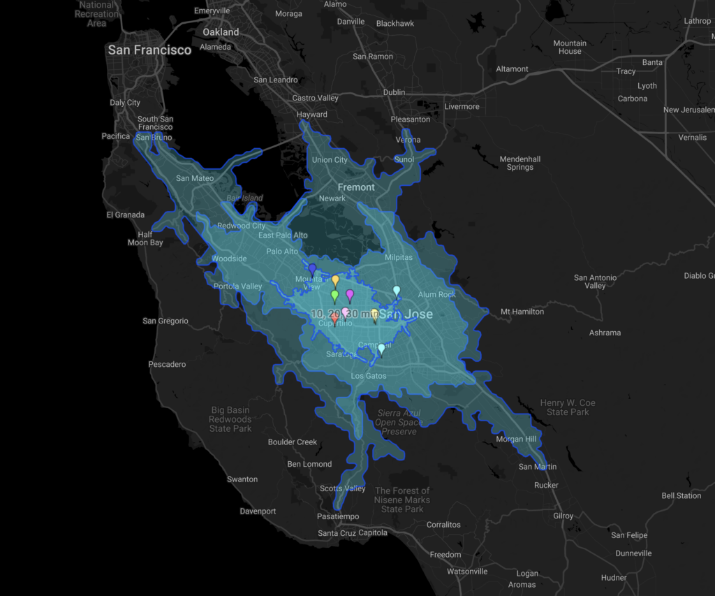 Isochrone map with nested 10-, 20-, and 30-minute drive-time areas around San Jose, California