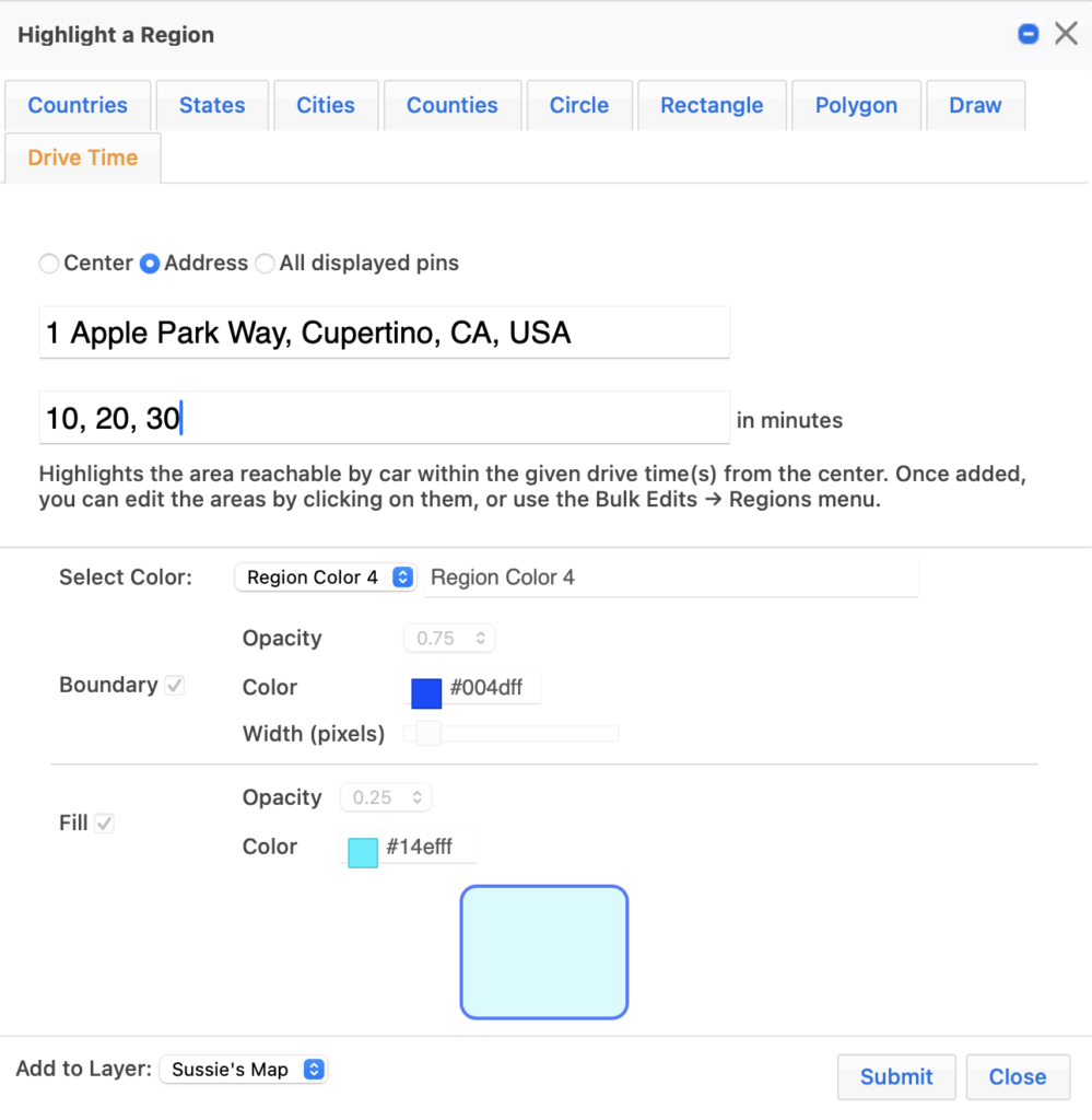 Drive Time tab in the Highlight a Region dialog with an address and drive times of 10, 20, and 30 minutes