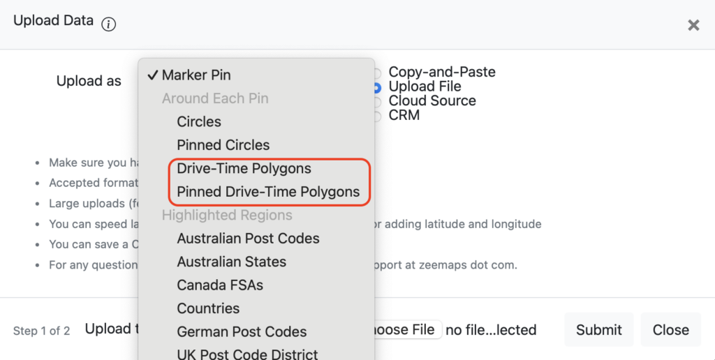 Upload Data dialog with Drive-Time Polygons and Pinned Drive-Time Polygons marker types under Around Each Pin