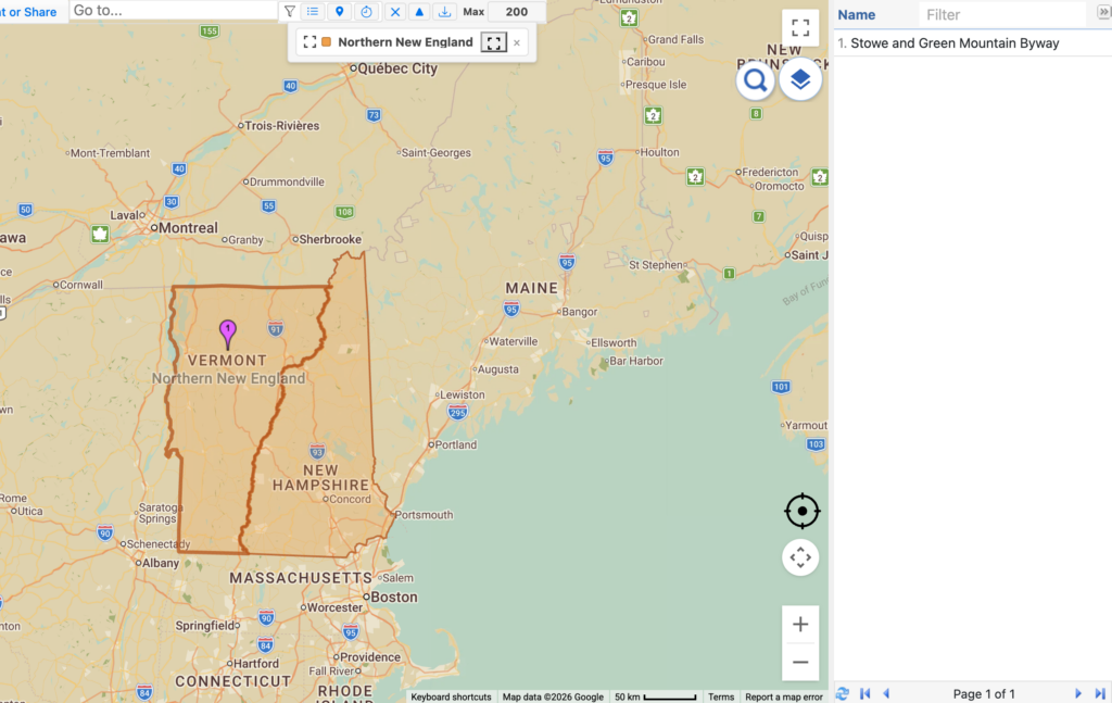 ZeeMaps area filter chip showing an orange swatch and the label Northern New England, with Vermont outlined on the map and the one matching pin inside it