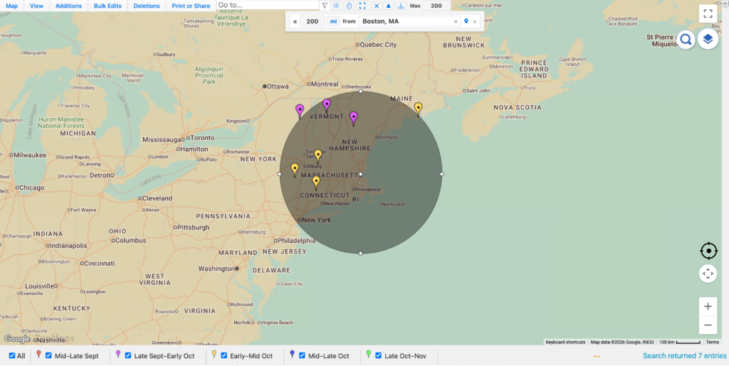 ZeeMaps distance filter chip reading 200 mi from Boston, MA, with the search circle drawn on the map and only the pins inside it showing