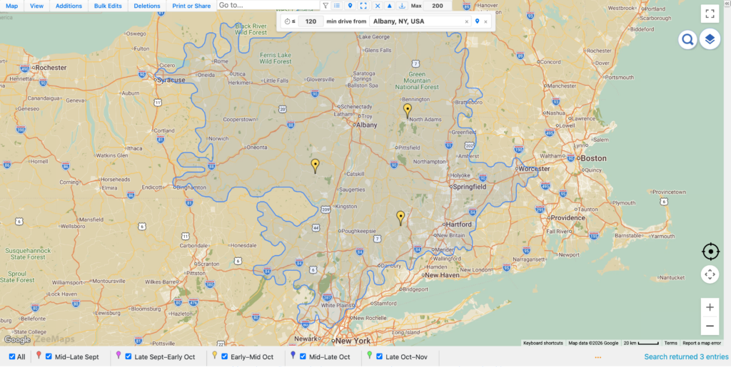 ZeeMaps drive-time filter chip reading 120 min drive from Albany, NY, with the drive-time area drawn on the map and three pins inside it