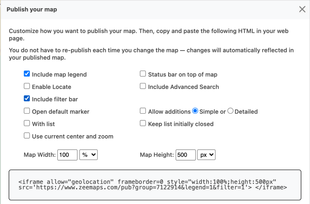 The ZeeMaps Publish your map dialog with Include map legend and Include filter bar ticked, and the generated iframe code ending in legend=1 and filter=1