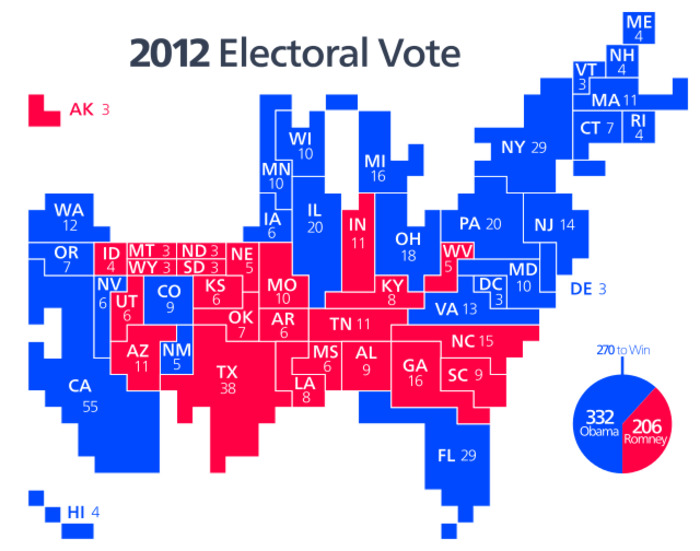 Thematic maps - 2012 electoral vote cartogram map