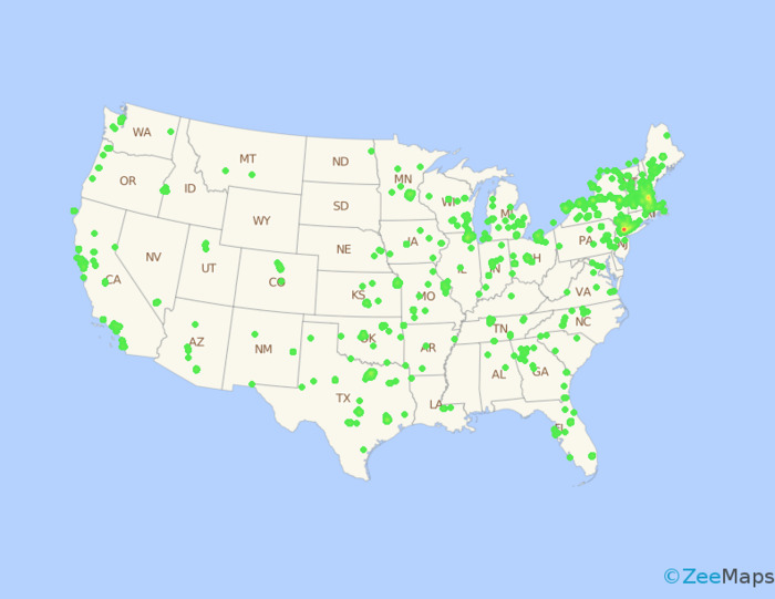 Thematic maps - dot density map of used computer stores in the US