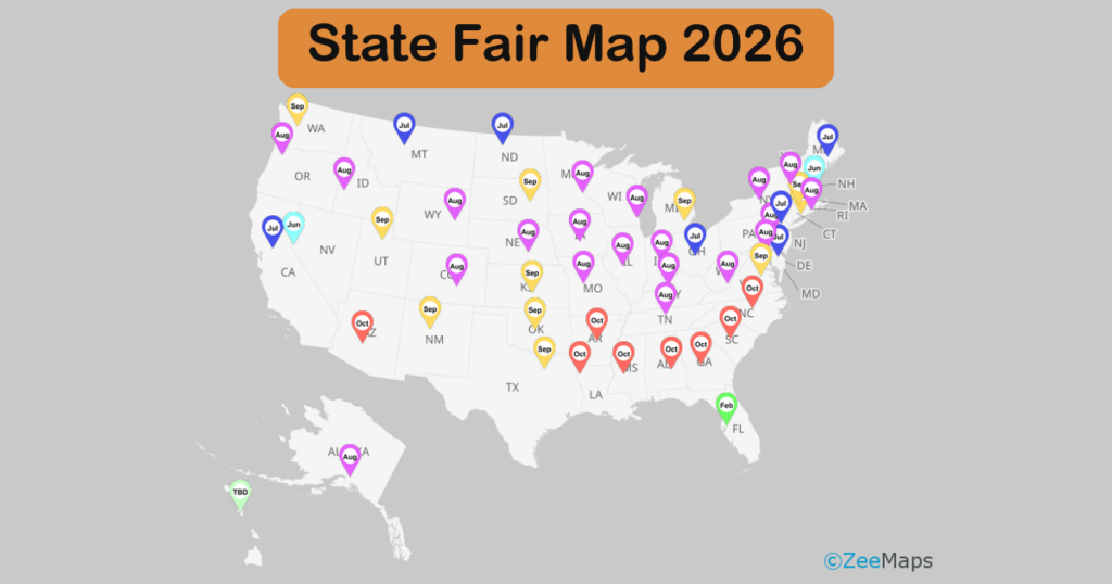 State fair map of the United States showing 2026 state fairs by date and location